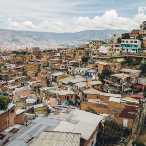 Over view at houses on the hills of Comuna 13 in Medellin, Columbia